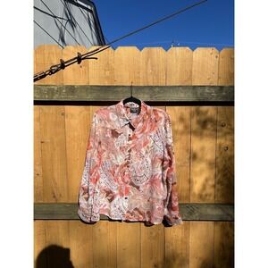 Southern Lady  Semi Sheer size Large Button Up Floral Leaf Orange‎ Spring Summer